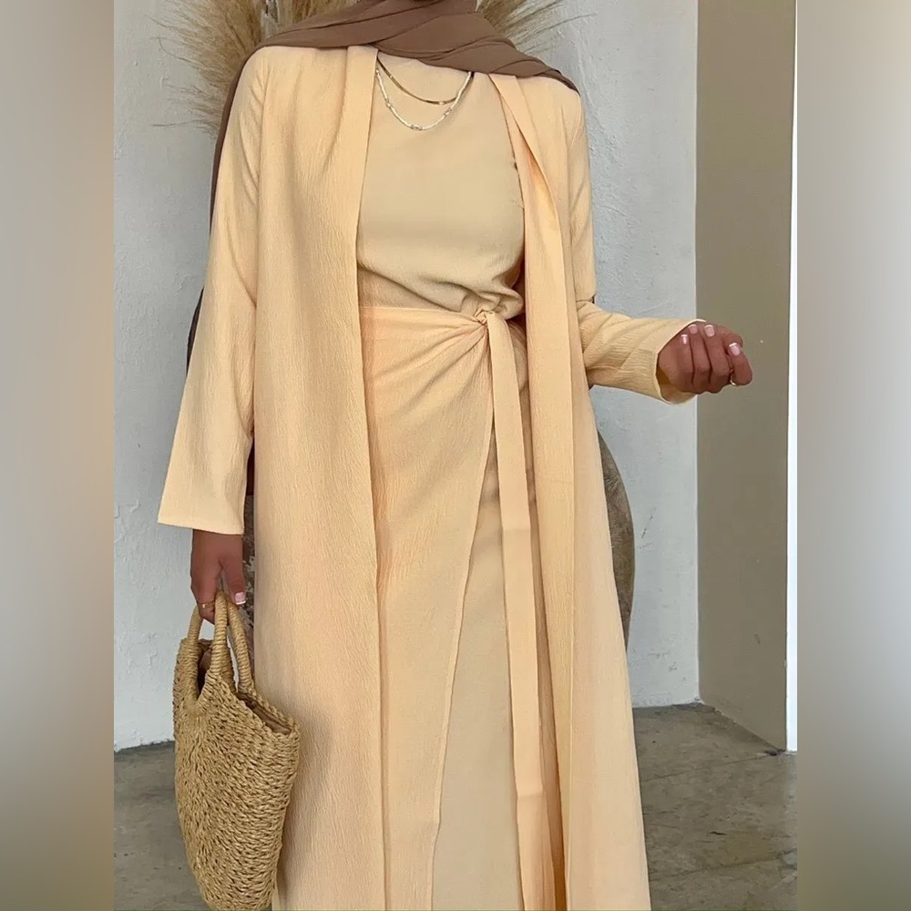 VEILED collection Noora Textured Three Piece Abaya Set  in Citrus Yellow